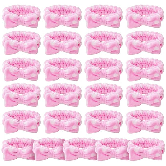 25 Pcs Pink Spa Headband Bulk Set - Soft Coral Fleece Makeup Headbands for Women, Elastic Bow Hair Bands for Washing Face, Skincare & Shower, Adjustable Hair Wraps (Pink with White Dots)