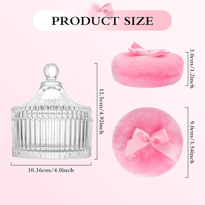 2 Pieces Large Body Powder Puff and Container - Dusting Powder Container with Puff, Crystal Case, Body Powder Puff for Women Soft Washable Reusable Velour Glitter Wet Dry Makeup