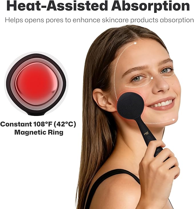 PRITECH Facial Cleansing Brush with 42° Constant‑Temperature Heating – Rechargeable Silicone Face Scrubber for Deep Pore Cleaning, Waterproof Vibrating Exfoliator for Women & Men (Black)