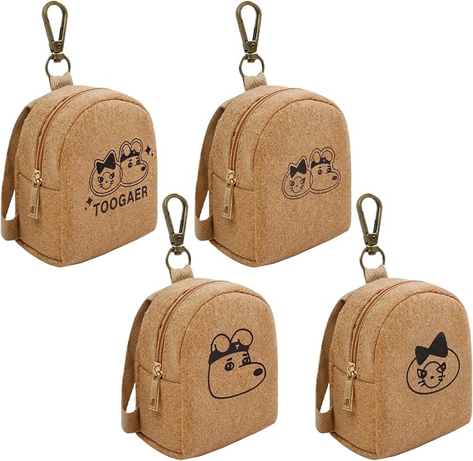 4Pcs Mini Backpack Keychain,Cute Cosmetic Bag for Women,PU Leather Makeup Bag Key Pocket Lipstick Bag Card Holder Data Cable Organizer Zipper Pouch (Brown Kraft Paper)