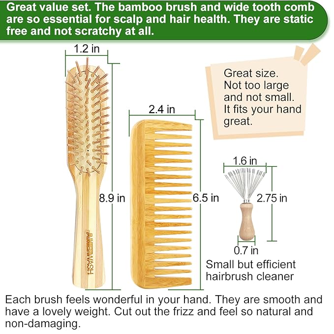 Bamboo Detangling Hairbrush and Wide Tooth Comb Set - Promotes Hair Growth, for Women, Men, Thick, Thin, Curly, Dry Hair - Cleaner Included