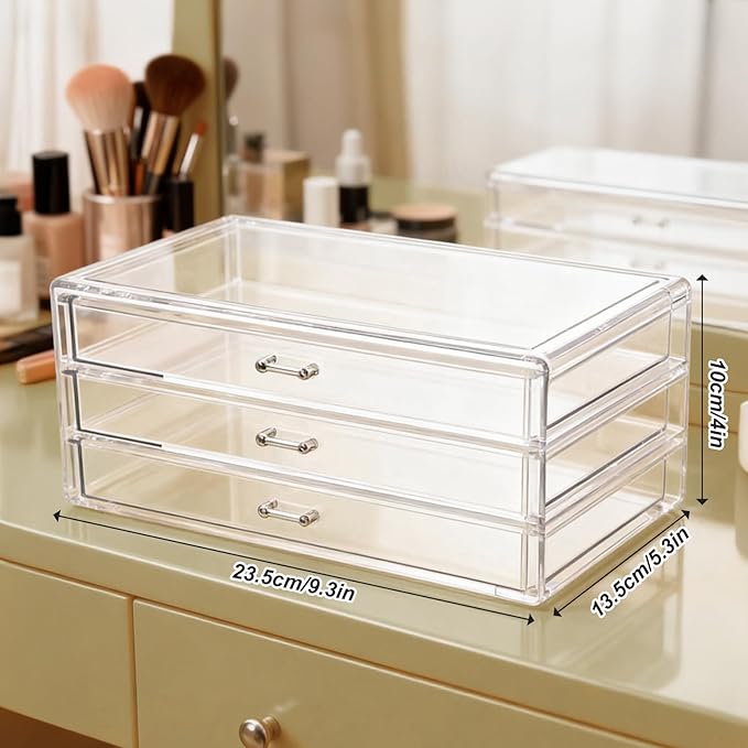 Acrylic Drawers Stackable Clear, 9.3 X 5.3 X 4 Inch Stackable Makeup Organizer Acrylic 3 Drawer Storage Organizers Clear Stationery Organizer for Dresser, Bathroom, Vanity, Countertop