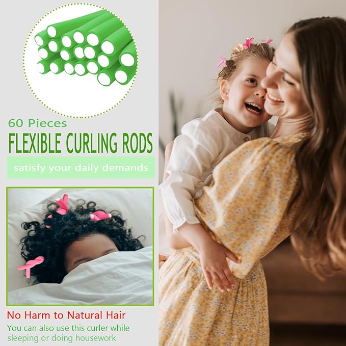 60 Pieces Flexible Curling Rods Twist Foam Flexi Rods No Heat Hair Rods Hair Rollers and Steel Pintail Rat Tail Comb for Long Hair Short Hair Women Girls (9.45 x 0.31, Green)