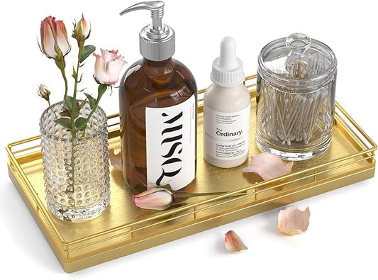 Bathroom Vanity Tray – 12" x 6" Oak Decorative Wooden Tray for Toilet Tank Organizer, Wood Tray for Bathroom Countertop, Soap, Perfume, Storage Vanity Dresser Decor for Bathroom Essentials Gold