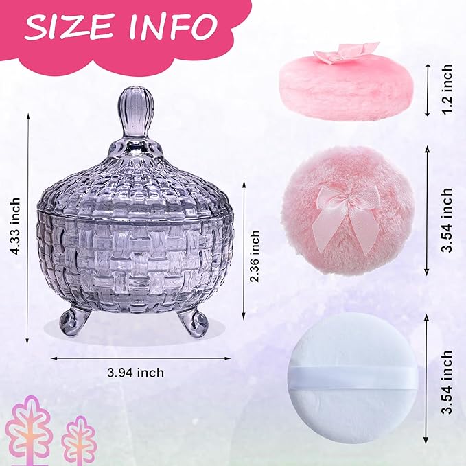 5 Pieces Large Body Powder Puff and Powder Container, Crystal Case for Dust Puff, Powder applicator with Box for Face and Body (Grey, Woven Pattern)