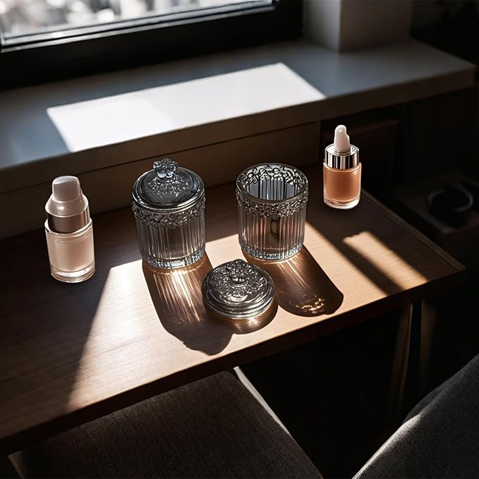 PENCK 2pcs Elegant Glass Qtip Holder Cute Apothecary Jars with Lid Stylish Hair Ties Candy Jar Bathroom Canister Essentials Accessories Decor Makeup Storage Organizer for Cotton Swabs, Balls (Gray)