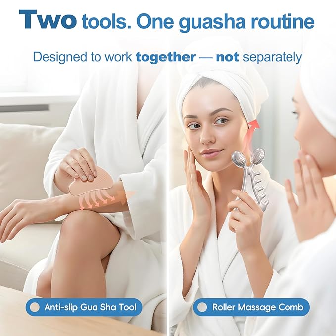 Gua Sha Facial Tools & Face Roller Set, Stainless Steel Facial Massager Tools for Lymphatic Drainage & Face Sculpting, Textured Guasha for Better Grip, Double Chin Reducer, Skincare Gift for Women