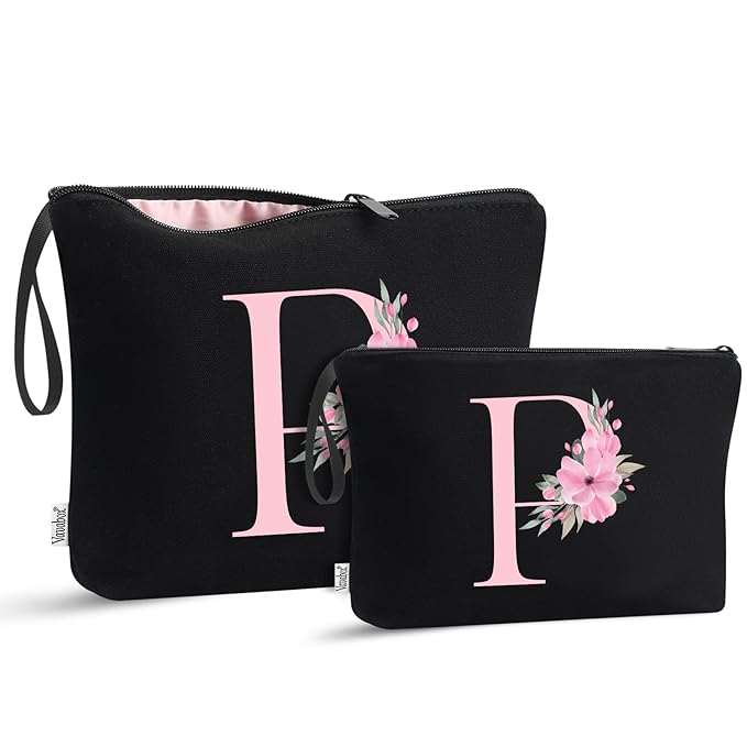 Vavabox A-Z Personalized Makeup Bag, Birthday Gifts for Women Mom, Gifts for Best Friend, Bride Bridesmaid Cosmetic bag (P, 04-Black Set)