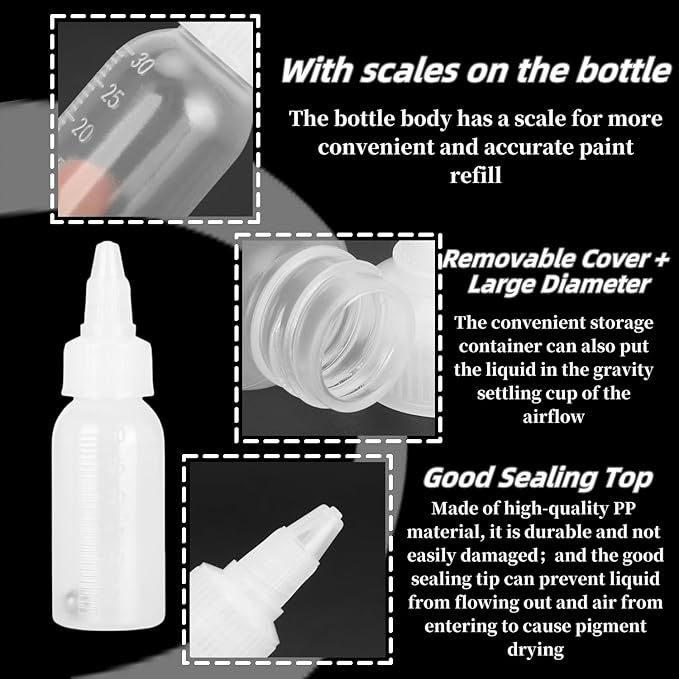 10Pcs 1oz/30ml Paint Bottles, Airbrush Paint Bottle Jars Clear Empty Plastic Mixing Squeeze Bottles with Ball Jar Resealable Scale Mixer