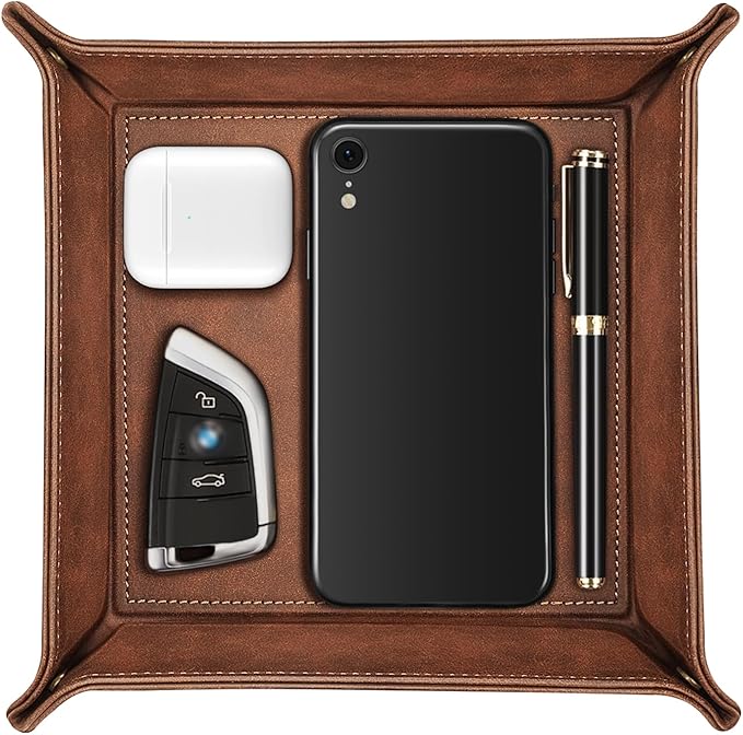 SITHON Valet Tray Desktop Storage Organizer – Premium PU Leather Catchall Bedside Vanity Tray Nightstand Caddy Holder for Keys, Phone, Wallet, Coin, Valentine's Day Gift, Brown