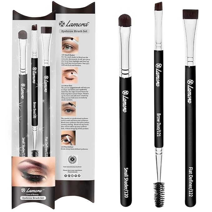 Eyebrow Brush - Duo Eye Brow Spoolie - Angled Eyeshadow Eyeliner - Precision Flat Definer - Small Shader - 3 Piece Makeup Brush Set - Cruelty Free Synthetic Bristles