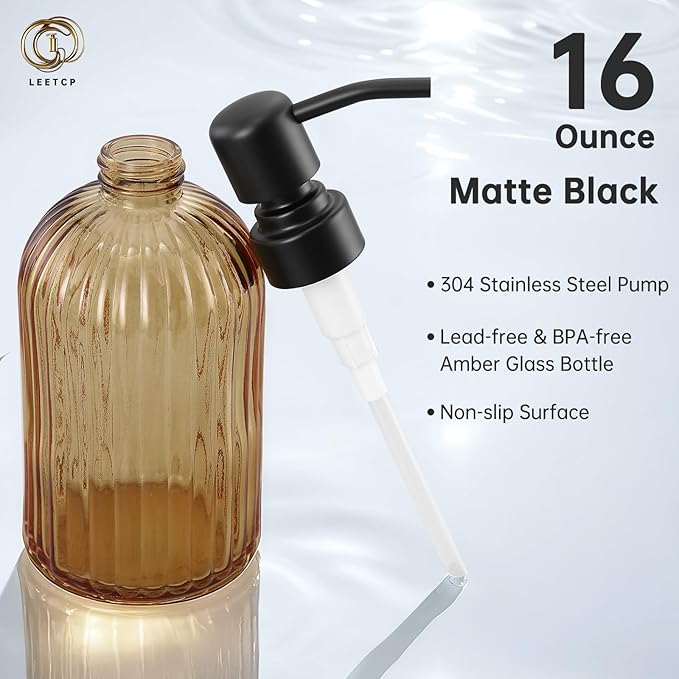 16 OZ Amber Glass Soap Dispenser, Amber Stripe Bathroom Hand Soap Dispensers with Stainless Steel Matte Black Pump,Brown Glass Kitchen Hand Soap Dispenser with Matte Black Pump