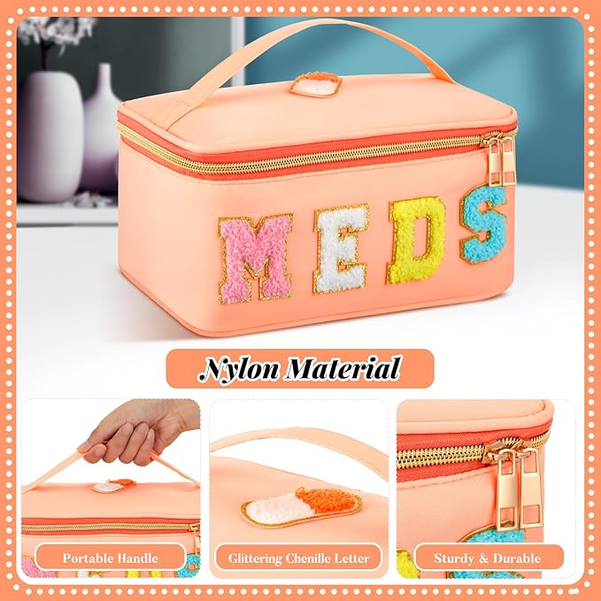 Geetery Clear Makeup Bag Chenille Letter Meds Bag Travel Cases Preppy Patch with Zipper, Portable Cosmetic Toiletry Storage case for Women(Meds,Orange)