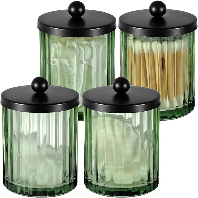 Amolliar Sage Green Glass Apothecary Jar, Qtip Holder Dispenser for Cotton Swabs, Balls, Makeup Pads, Floss Picks, Bathroom Essential Accessories, Countertop Canister Storage Organizer (Black, 4 Pack)
