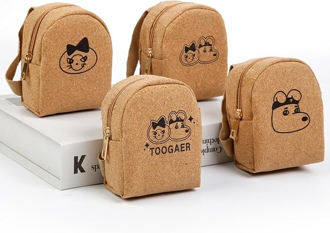 4Pcs Mini Backpack Keychain,Cute Cosmetic Bag for Women,PU Leather Makeup Bag Key Pocket Lipstick Bag Card Holder Data Cable Organizer Zipper Pouch (Brown Kraft Paper)