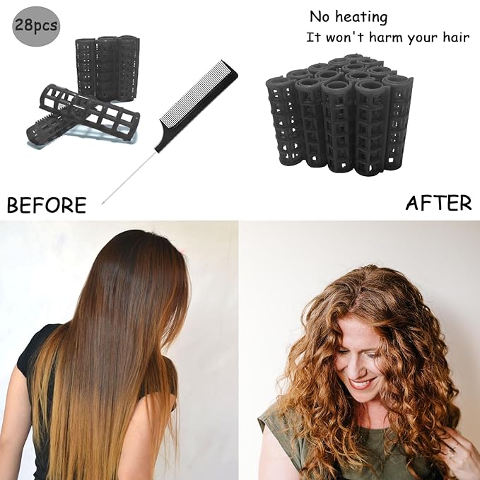 28PCS Plastic Hair Rollers Set 1.5cm/0.6in Heatless Rollers Hair Curlers Self Grip Rollers Tools for DIY Hairdressing Hair Salon(Black)