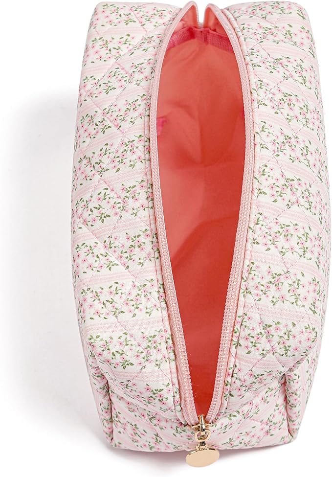Makeup Bag Travel Cosmetic Bag for Women Girls, Zipper Make Up Pouch, Floral Flowers Toiletry Organizer Makeup, Portable Storage Cosmetic Travel Cloth Bag (2 Pack (L+S)/Pink Floral)