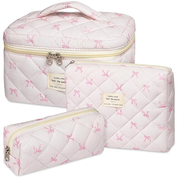 senbowe Floral Makeup Bag, 3 Pack Large Cotton Quilted Makeup Bag Set, Cute Floral Coquette Aesthetic Toiletry Bag Make Up Cosmetic Bag for Women, Toiletry Travel Make Up Organizer Bag