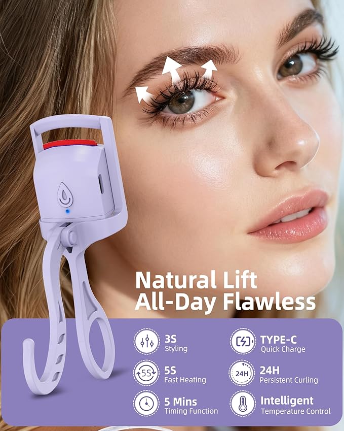 Heated Eyelash Curler, 5s Fast Heating Electric Eyelash Curler, Safe Anti-Burn Eyelash Curlers with Silicone Pad, Type-C Quick Charge, Intelligent Temp Control, 24H Long-Lasting Curls (Purple)