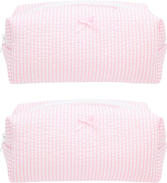 PAZIMIIK 2PCS Cozy Makeup Bag Travel Cosmetic Bag for Women Soft Toiletry Bag Aesthetic Makeup Organizer Portable Large Zipper Pouch for Skincare Beauty Accessories Brushes Stripe Pink