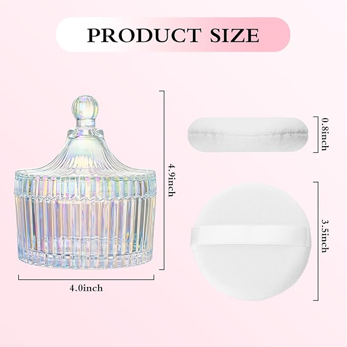 2 Piece Dusting Powder Container with Puff - Large Body Powder Puff and Container, Crystal Glass Powder Container with Puff Soft Velour Washable Reusable Face & Body Use (Dazzling)