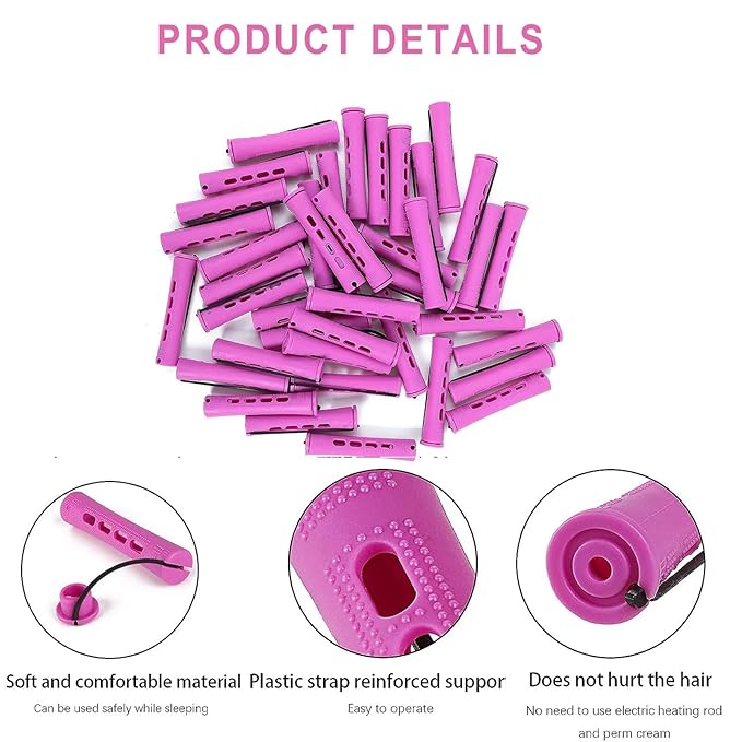 Perm Rods Set for Natural Hair, 40Pcs Plastic Cold Wave Rods, Heatless Perming Rods Hair Curler for Women, DIY Hairdressing Tools, Purple, 0.75 Inch