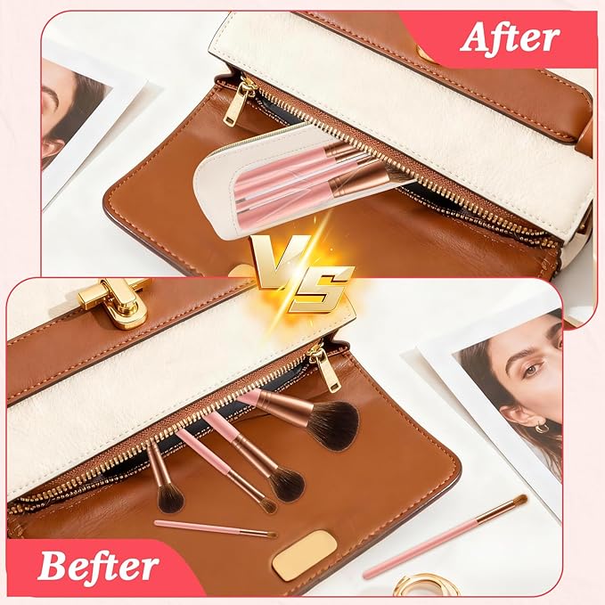 2Pcs Clear Makeup Brush Bag Makeup Bag PU Leather Small Cosmetic Bags Toiletry Bags for Women Portable Waterproof Brush Holder Slim Cosmetic Pouch Travel Pouch with Zipper (Pink&White)