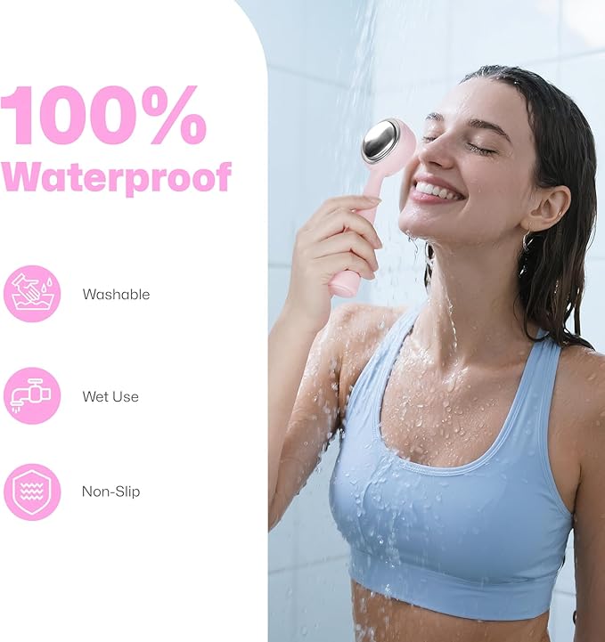 PRITECH Facial Cleansing Brush with 42° Constant‑Temperature Heating – Rechargeable Silicone Face Scrubber for Deep Pore Cleaning, Waterproof Vibrating Exfoliator for Women & Men (Pink)