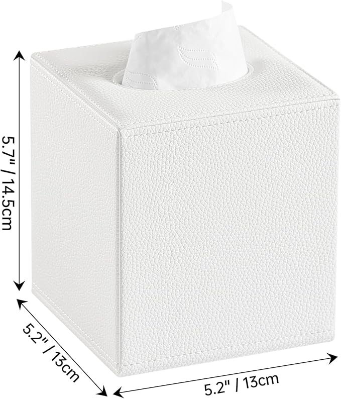 JLAMBOM PU Leather Tissue Box Cover Square Tissue Box Holder with Magnetic Closure, Decorative Tissue Holder for Bathroom Bedroom Office (White)