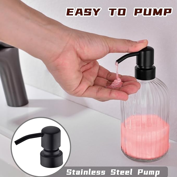 16Oz Bathroom Glass Soap Dispenser with Black Rust Proof Pump,Premium Kitchen Soap Dispenser with Vertical Stripe, Lotion Dish Dispenser for Modern Home Decor, Countertop, Hotel