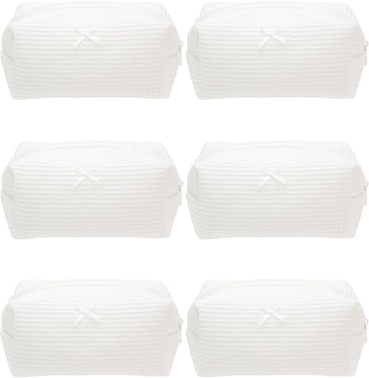 PAZIMIIK 6PCS Cozy Makeup Bag Travel Cosmetic Bag for Women Soft Toiletry Bag Aesthetic Makeup Organizer Portable Large Zipper Pouch for Skincare Beauty Accessories Brushes Waffle Check Cream White