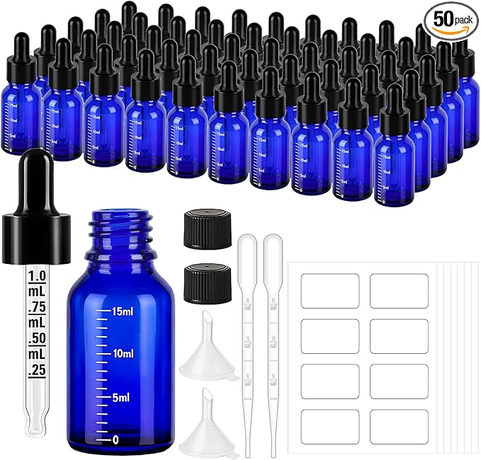 50 Pcs 1/2oz Blue Glass Dropper Bottles with Measurement, 30ml Leakproof Tincture Bottles with Funnels, Eye Droppers, Extra Caps & Labels, Refillable Empty Bottles for Tinctures, Essential Oils