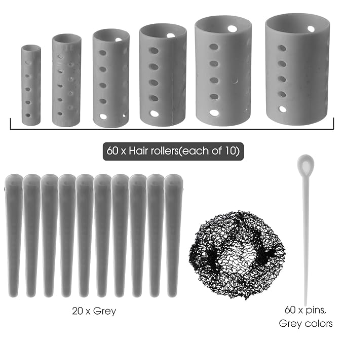 WILLBOND 141 Pcs Hair Rollers Set Include Plastic Hair Rollers with Pins and Clips (Grey)