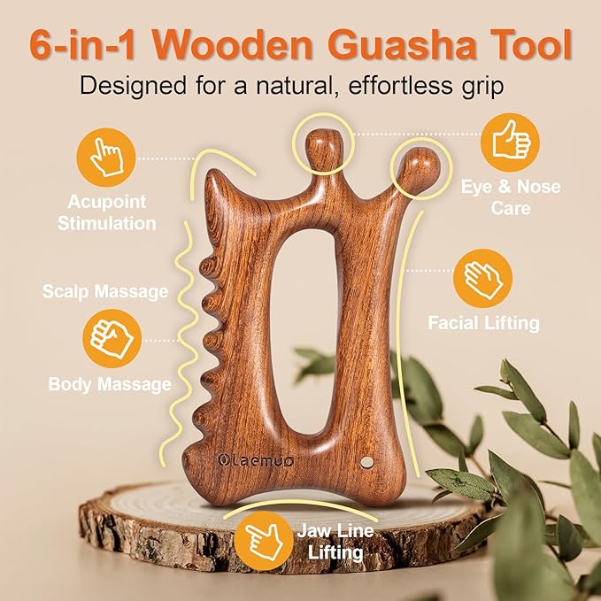Olaemuo Wooden Gua Sha Tool for Face&Body - 6 in 1 Facial Massager for Lymphatic Drainage - Guasha Body Sculpting Tools Therapy Massage Tool for Cellulite,Jaw Lifting,Muscle Relief - Skin Care Gifts