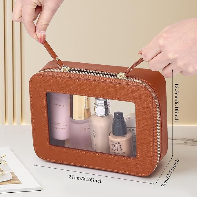 Clear Makeup Bag Women's Waterproof Travel Cosmetic Case and Toiletry Bag Portable Makeup Organizer Bag for Car with Zipper (Brown, M)