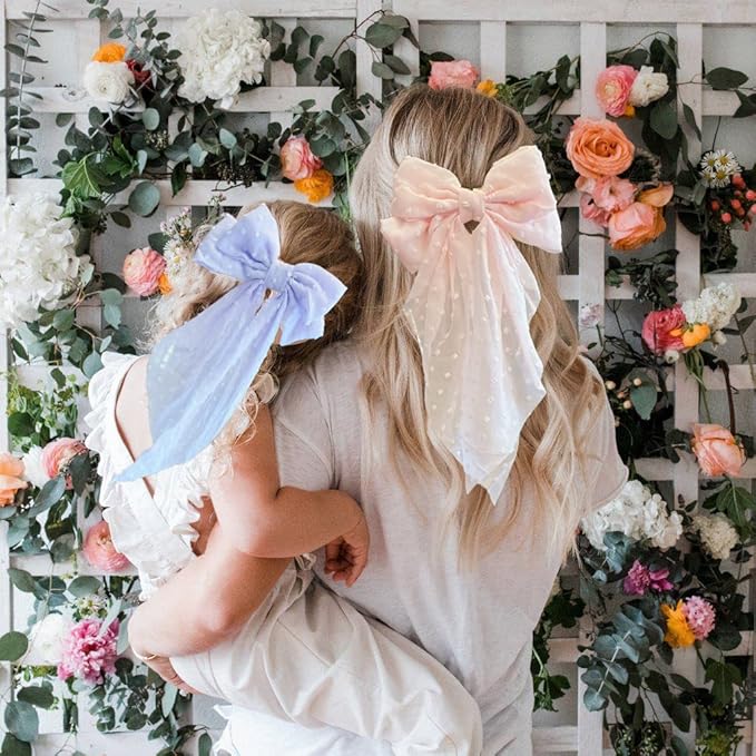 3 Pieces Large Hair Bows with Long Tail for Women and Girls - Big Plain Color Bowknot Barrettes in Bright Colors