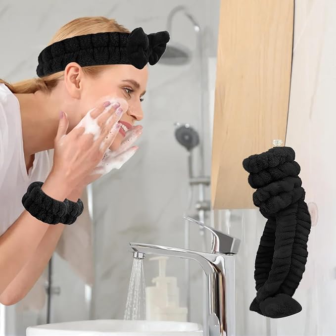 Face Wash Set - Headband, Wristbands with Holder, Microfiber Absorbent Spa Wrist Towels