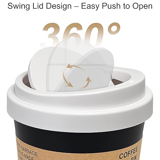 Soddeph Plastic Mini Trash Can with Swing-Top Lid, 0.9 Gallon Desktop Waste Bin for Coffee Table, Office, Small Countertop Wastebasket for Counter, Vanit (White Lid + Black Can, Small)