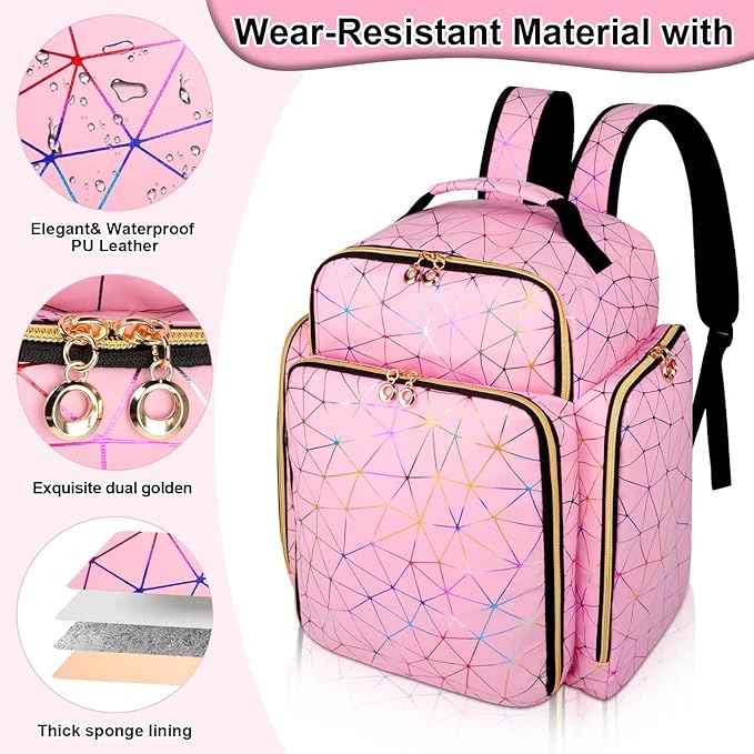AHZSKE Nail Polish Organizer Backpack Holds 126 Bottles& Nail Lamp, Extra Large Nail Kit Supplies Organizer Bag with 3 Removable Cases, Portable Nail Organizers and Storage for Trave (PU Leather Pink)