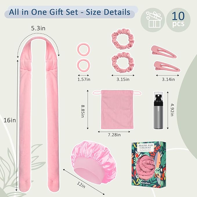 Hair Curlers to Sleep In, No Heat Curling Headband, Soft Overnight Curls Headband with Satin Bonnet, Non Heat Hair Curler Rollers Wrap Set for Women Girl Long Hair, 10 PCS with Gift Box -Pink