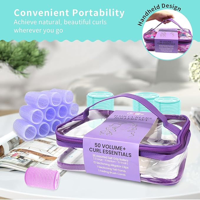 Hair Rollers Set 50Pcs with Clips for Long Short Medium Hair, Heatless Curls 36PCS for Hair, Sleep In Curlers for Comb Blowout Look