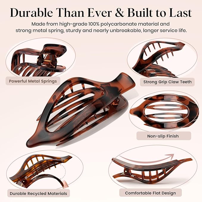 4 PCS Large Flat Hair Clips for Women Girls, French Concord Lay Down Claw Clips for Thick Thin Hair, Comfortable Curved Flat Clip, Leopard Print Stylish Strong Hold Hair Accessories, Tortoise