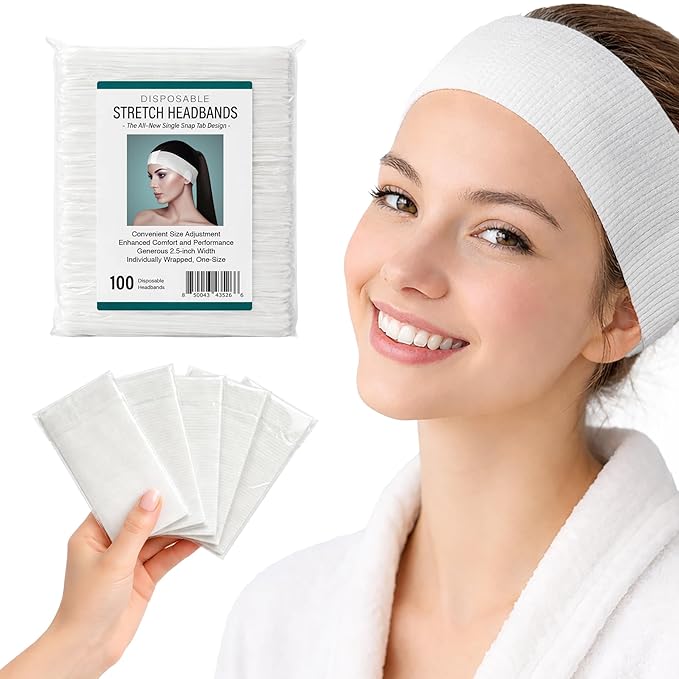 APPEARUS Disposable Spa Facial Headbands (100 Pack) – Individually Wrapped, Stretchable Non-Woven Hair Wraps with Single Snap Tab for Estheticians, Makeup, and Skincare