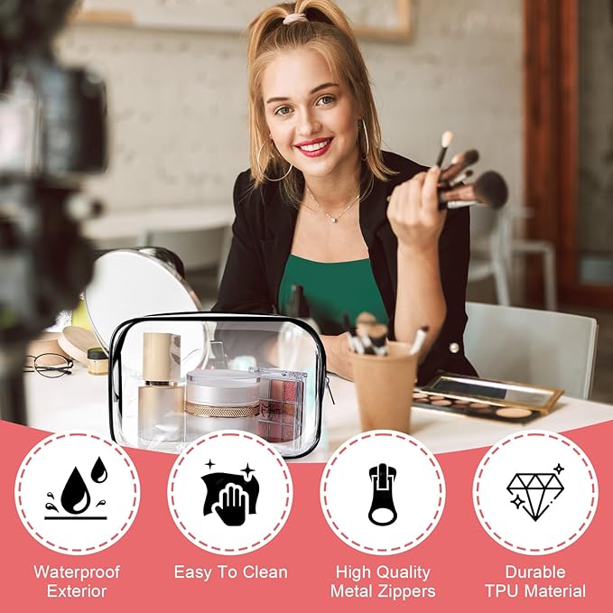 12 PCS Clear Makeup Bags,Clear Toiletry Bag,PVC Clear Cosmetic Bags with Zipper,Portable Transparent Toiletry Bags for Travel Women Men(Black,Large)