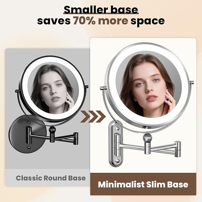 9" Wall Mounted LED Lighted Makeup Vanity Mirror - 4000mAh Rechargeable Double Sided 1X/30X Magnifying Mirror, 3 Color Lights Touch Dimmable, Height Adjustable Extended Arm 360° Swivel Bathroom Mirror