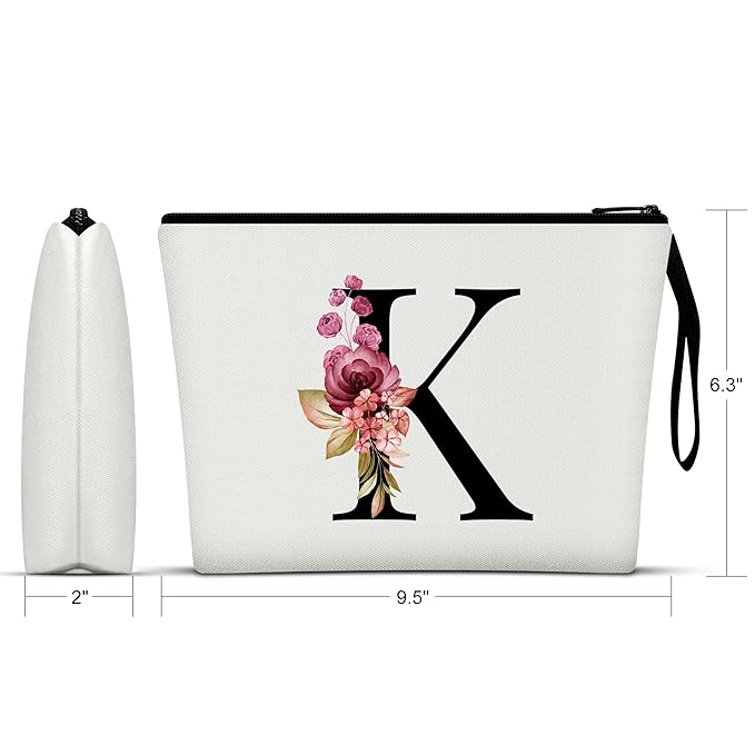 Vavabox A-Z Personalized Makeup Bag, Birthday Gifts for Women Mom, Gifts for Best Friend, Bride Bridesmaid Cosmetic bag (K, White)