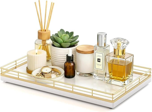 Large Bathroom Vanity Tray – 13" x 8" Oak Decorative Wooden Tray for Bathroom Countertop & Vanity Organizer, Wood Tray for Perfume, Skincare & Accessories Storage, Vanity Dresser Decor Gold & White