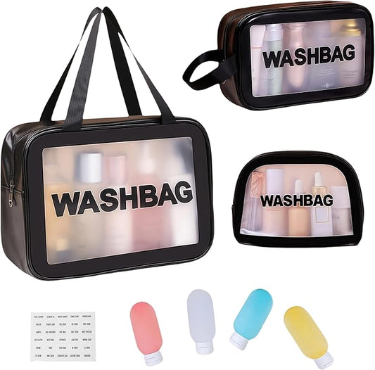 Waterproof Clear Frosted Travel Toiletry Bag For Men & Women: 3-Size Handle Cosmetic Case + 4 Pre-Labeled 2Oz Bottles & Sticker. Large Washbag Organizer. (Classic Black)