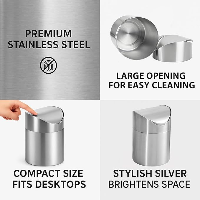 Small Mini Trash Can with Lid, Brushed Stainless Steel Small Tiny Mini Trash Bin Can, Mini Countertop Trash Cans for Desk Office, Swing Top Trash Bin 1.5 L/0.40 Gal (Sliver)