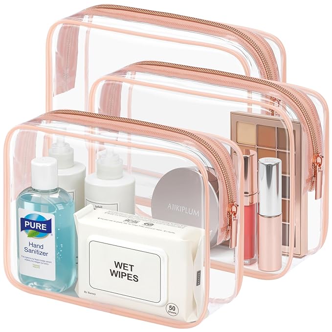 PACKISM TSA Approved Toiletry Bag - Clear Makeup Bag 3 Pack Medium, Quart Size Bag for 3-1-1 Liquids with Metal Smooth Zipper, Travel Makeup Bag for Women Men, Airport Airline Compliant Bag, Rose Pink